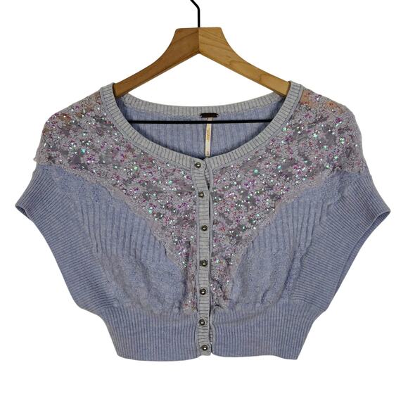 Free People Lilac Sequin Cropped Button Front Cardigan Sweater Size XS - Picture 1 of 4